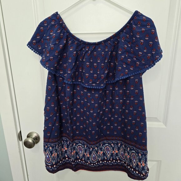 Faded Glory Blouse Scoop Neck Blue Red Paisley Size 1x Boho - Picture 2 of 5